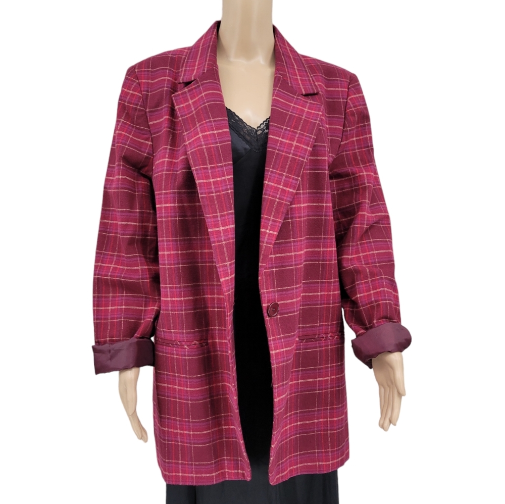 Women's Raspberry Plaid Single-Button Blazer Jacket